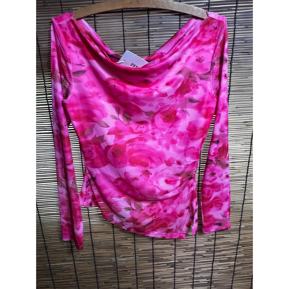 Zesica Pink Floral Mesh Long Sleeve Cowl Neck Asymmetrical Ruched Top Size M